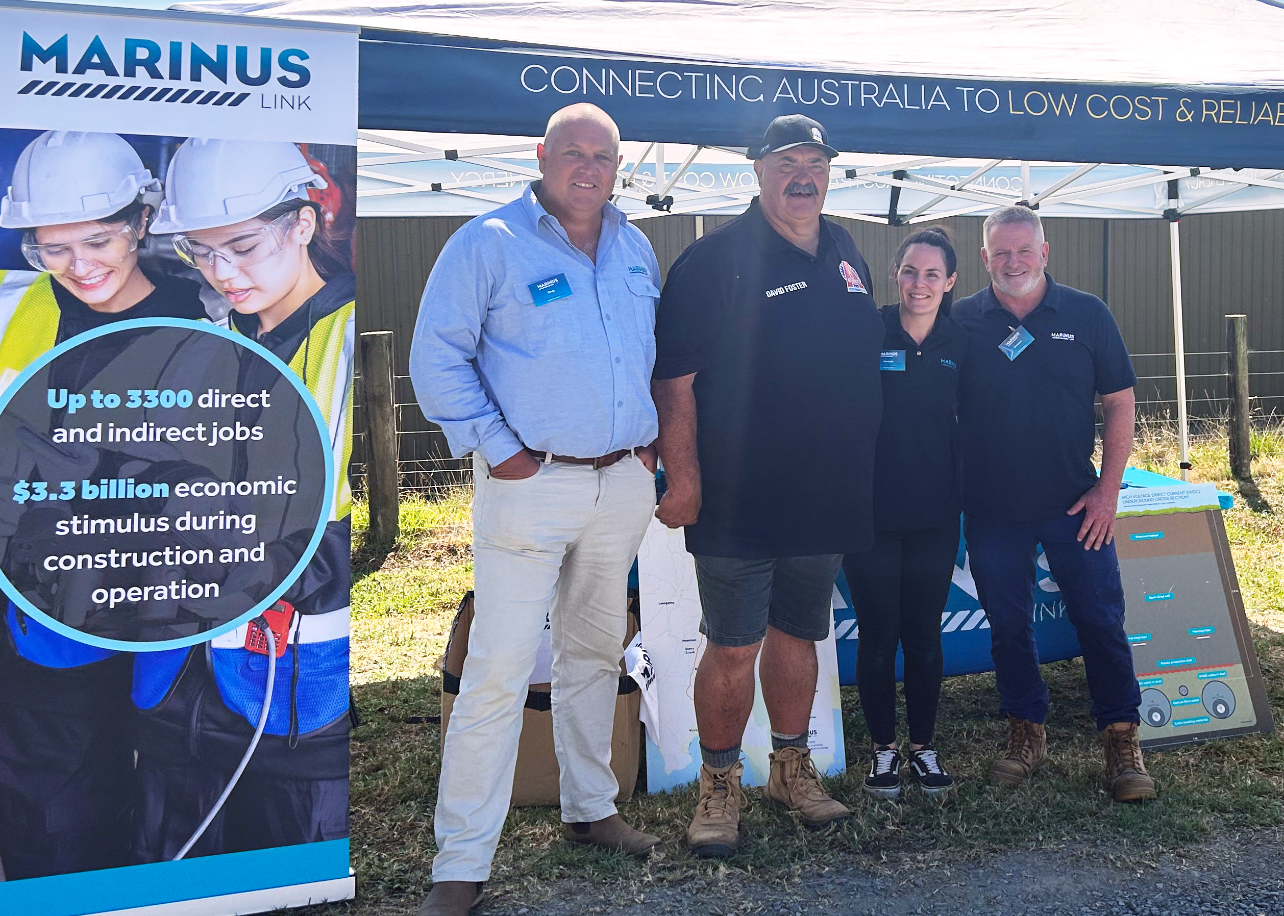 Marinus Link team members Brett McGennisken, Rochelle Reinhardt and Shannon Byrne with former Australian world champion woodchopper, Tasmanian David Foster, at Farm World 2024.